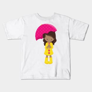 African American Girl, Girl In Raincoat, Umbrella Kids T-Shirt